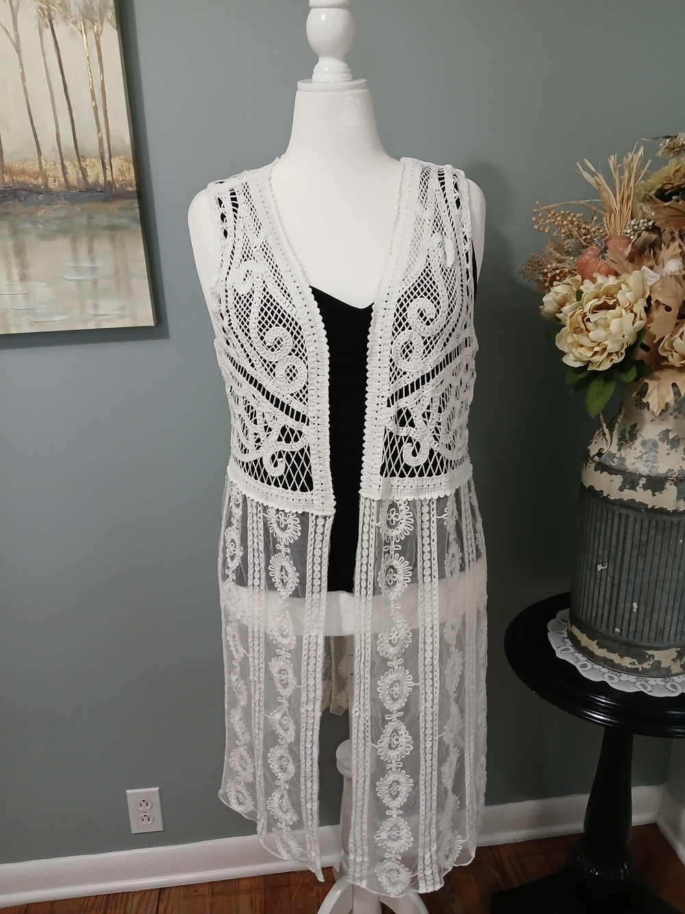 Cato White Crochet Lace Long Vest And New Black Shit Under Neathe